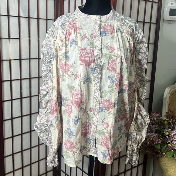 NWT FREE PEOPLE ANTHROPOLOGIE MARAYA PRINTED IVORY ANTIQUE COMBO TOP SIZE M - Picture 3 of 8